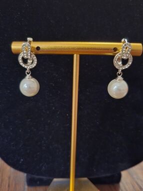 Silver Tone Faux Pearl Huggie Drop Earrings